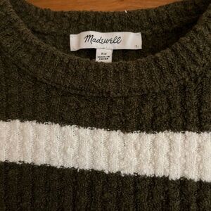 Madewell Dark Green and Cream Striped Crewneck Short Sleeve Sweater